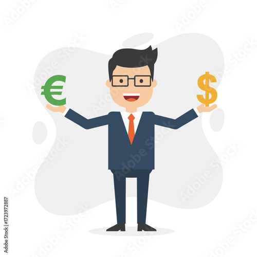 Illustration of a businessman holding two currency symbols in his hand