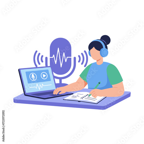 The girl is learning English by listening online, a concept for a vector illustration