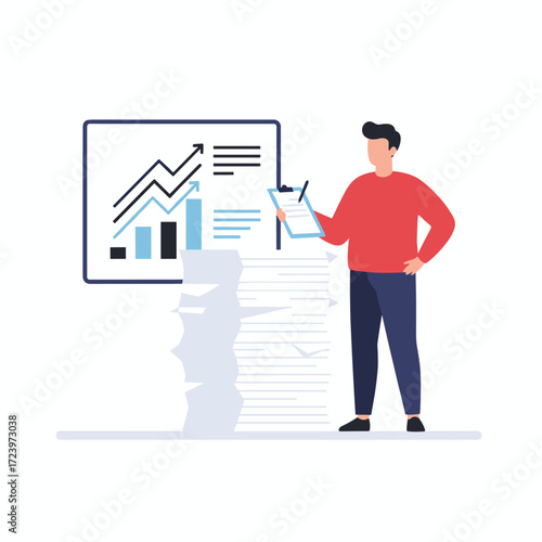 Concept of a businessman performing sales analytics in a vector illustration, displayed as a flat illustration on a white background