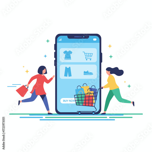 A young woman shops online on her smartphone, illustrated in a flat vector style with e‑commerce and online shopping icons and elements for a mobile story