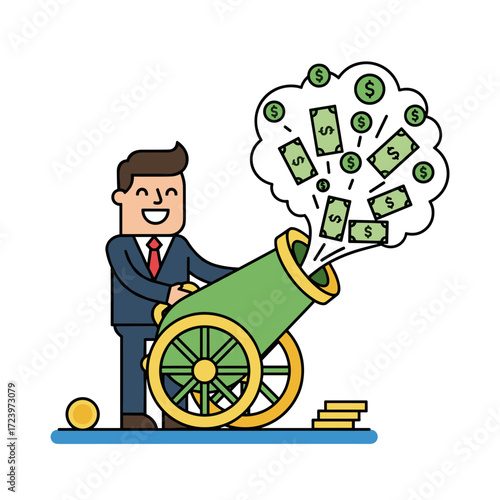 The businessman sets the cannon on fire to launch money from it