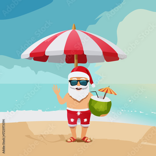 Cute 3D Brazilian Santa Claus wearing red shorts, flip-flops and sunglasses on the beach