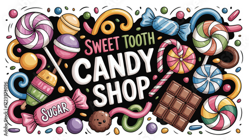 Colorful illustration of various candies and sweets in a candy shop perfect for childrens book illustrations sweet shop logos and candy-themed projects conveying joy fun and deliciousness
