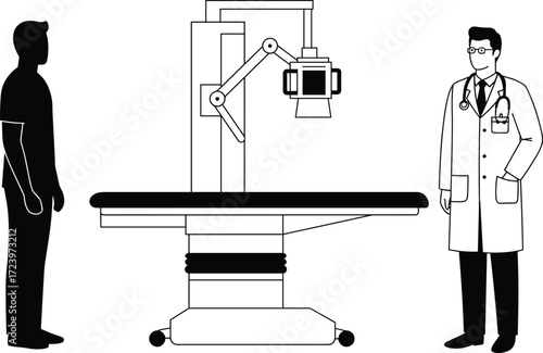 Medical imaging scene, doctor with stethoscope, patient examination, X-ray machine, diagnostic procedure, healthcare technology, hospital interior, clinical equipment, radiology concept