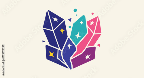 Colorful Crystal Cluster with Sparkling Accents and Geometric Design.