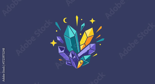 Colorful Crystal Cluster with Celestial Accents - A Whimsical Gemstone Illustration.