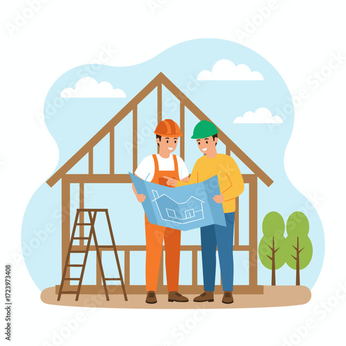 Design a unique illustration for a website, app, or presentation that shows buyers and a construction worker collaborating on a blueprint
