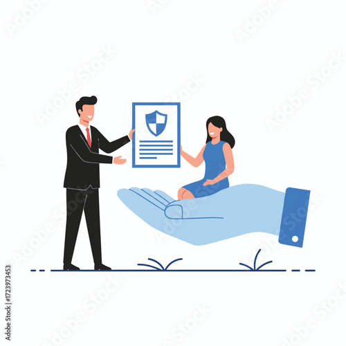 A stunning woman shaking hands with a businessman against a vector illustration of an insurance policy, illustrating the insurance policy concept