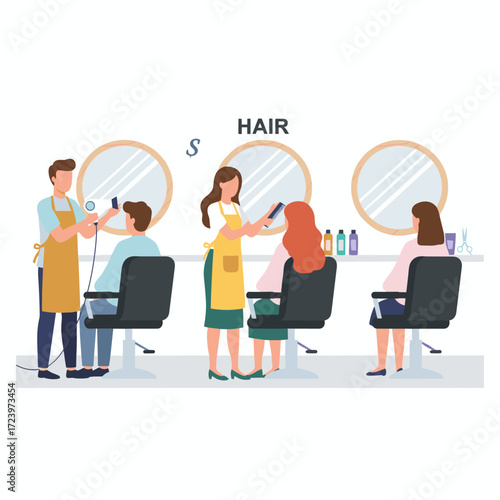 Vector illustration concept of a hair salon building, interior, and a customer