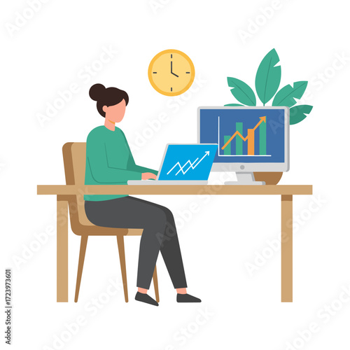 A businesswoman uses a laptop to devise and plan her marketing strategy