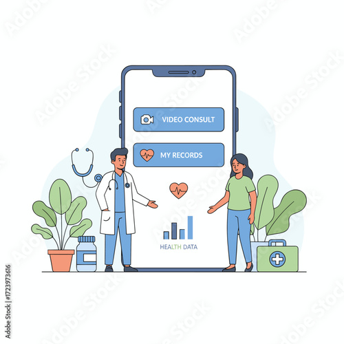 A patient and a doctor use the medical app to handle reports and prescriptions, depicted in a flat illustration set against a white background