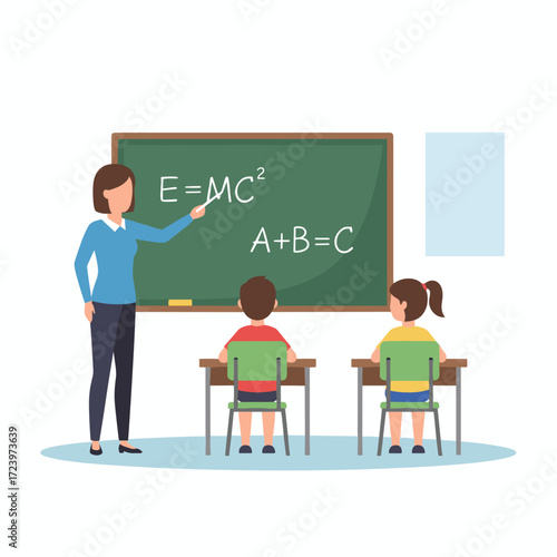 Illustration of a student attending a math class on a white background