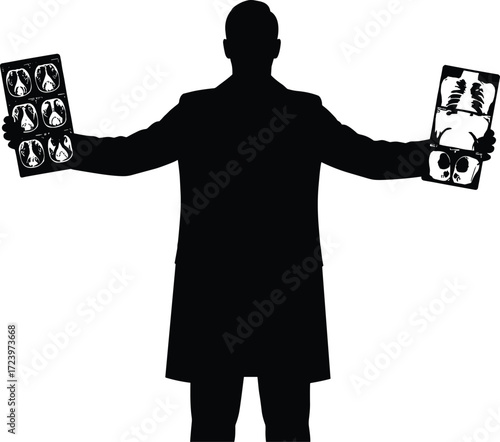 Medical professional silhouette, lung CT scan, chest X-ray comparison, healthcare diagnosis, radiology analysis, hospital imaging, doctor examining patient scans, clinical research