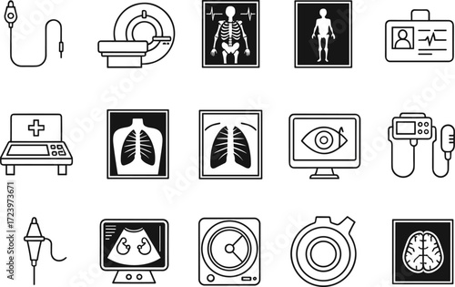 Medical diagnostic icons, hospital equipment, healthcare tools, radiology scan symbols, ultrasound, X-ray, MRI, silhouette vector set, editable illustration, black and white