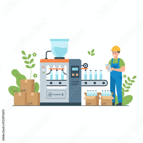 Illustration of an automated production line concept on a white background