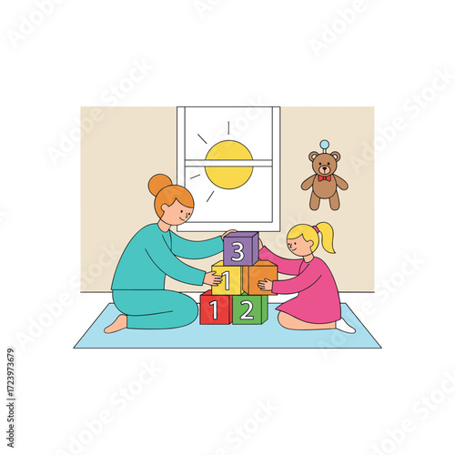 A babysitter and a baby girl play with toy cubes at home