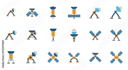 Colorful Flat Icon Set of Satellites and Space Communication Technology.