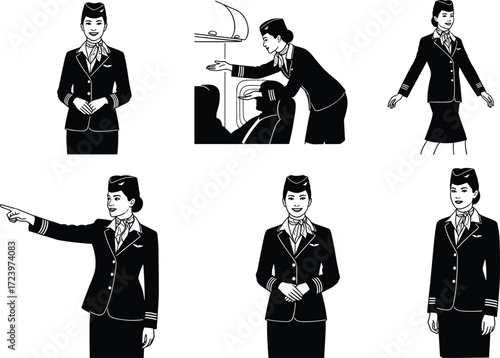 flight attendant, airline, crew, uniform, silhouette, walk, stand, pose, luggage, service, safety, icon, vector, illustration, black, white, aviation, travel, staff, design