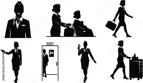flight attendant, airline, crew, uniform, silhouette, walk, stand, pose, luggage, service, cart, safety, icon, vector, illustration, black, white, aviation, travel, design