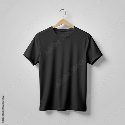 Plain black t shirt hanging on a wooden hanger