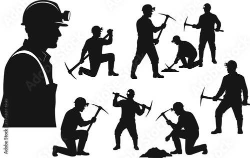 Miner silhouette vector set, underground workers, pickaxe poses, coal mining tools, industrial labor, helmet headlamp, black figures, editable illustration, stock art