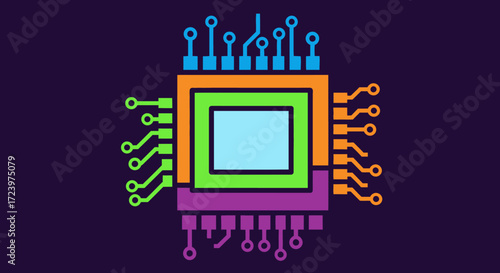 Colorful Microchip Processor with Circuitry and Pins.