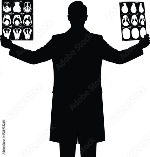 Medical professional silhouette, radiology scan analysis, doctor holding MRI films, healthcare imaging concept, diagnostic technology, hospital staff vector illustration