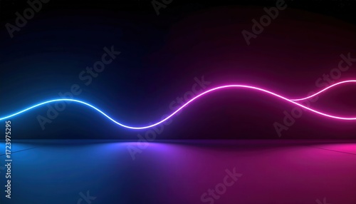 Neon Wave: Abstract Blue and Pink Glowing Lines Reflecting on Dark Floor