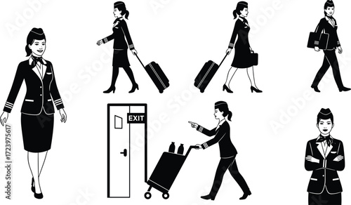 flight attendant, airline, crew, uniform, silhouette, walk, stand, pose, luggage, service, cart, icon, vector, illustration, black, white, aviation, travel, staff, design