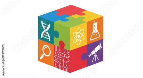 Colorful Science Puzzle Cube Representing Scientific Fields and Concepts.