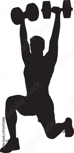 Muscular fitness athlete silhouette performing dumbbell lunges exercise silhouette for gym and fitness