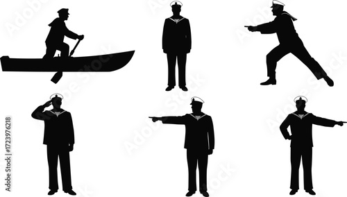 sailor, navy, maritime, silhouette, salute, stand, row, point, walk, motion, pose, icon, vector, illustration, black, white, uniform, crew, seafarer, design