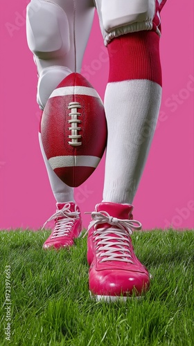 American football gear: close-up of pink cleats, football, and grass on pink background