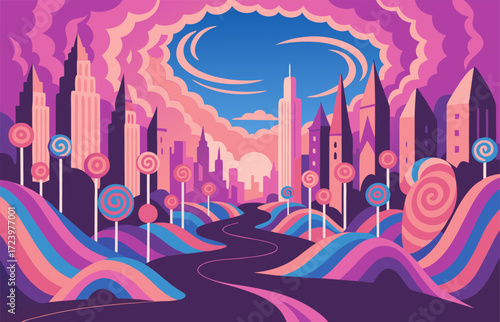 Candy Colored Fantasy City With Lollipop Trees Winding Road And Playful Skyline Under Pink And Blue Sky A Whimsical Urban Dreamland Scene