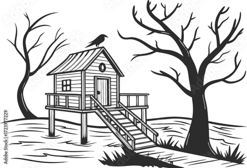 Rustic wooden cabin on stilts with a crow on the roof