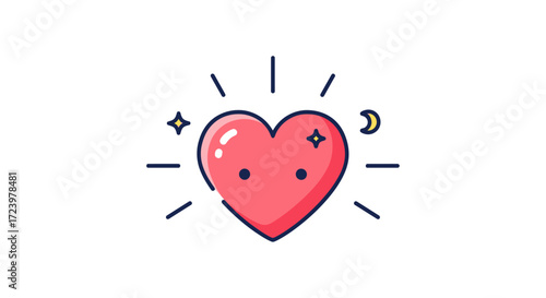 Cute pink heart illustration with stars and moon, shining bright.