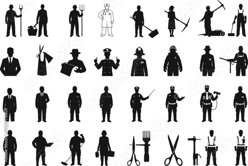 Silhouette icons of diverse professions, career roles, workers in uniform, job tools, occupational symbols, vector illustration for education, business, and design use