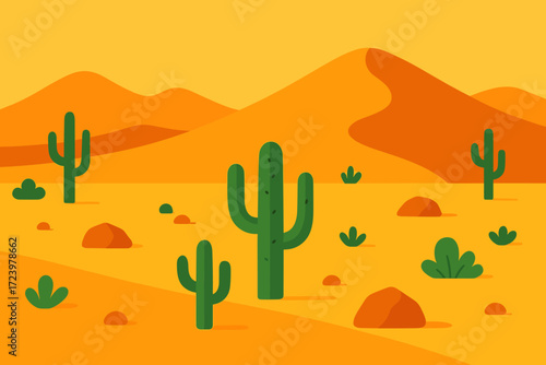 A vibrant desert landscape with cacti and rocky terrain under a warm orange sky, evoking a peaceful yet rugged natural environment. Perfect for outdoor, nature, and desert-themed designs.