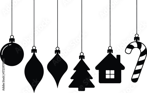 Simple black silhouettes of festive Christmas ornaments hanging on white background