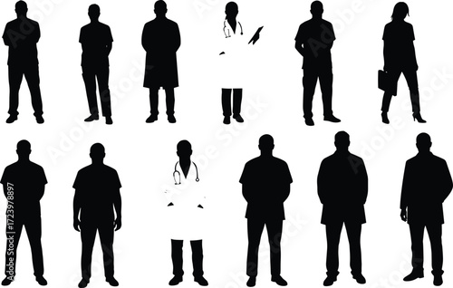 Silhouette vector of diverse professionals, medical staff, business people, healthcare workers, doctor team, career roles, human figures, workforce concept, isolated icons