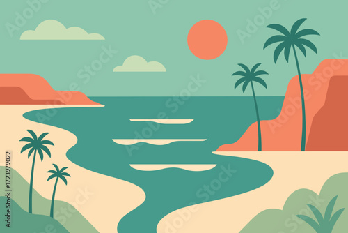 A vibrant beach scene with palm trees, a calm ocean, and a setting sun, evoking a relaxing tropical atmosphere. Ideal for travel, vacation, and summer-themed designs.