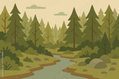 A peaceful forest landscape with tall trees, lush greenery, and a winding stream, evoking a serene, natural environment. Perfect for nature, outdoor, and eco-friendly designs.