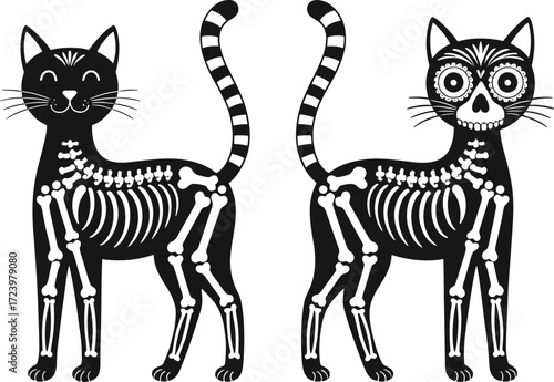 Skeleton cat vector, Halloween feline illustration, Day of the Dead animal art, sugar skull style, spooky cute pet design, black background