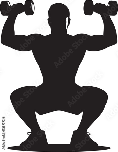 Muscular fitness athlete silhouette performing dumbbell squats for strength training and bodybuilding