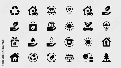Black and white environmental icons symbols recycling symbol house with car