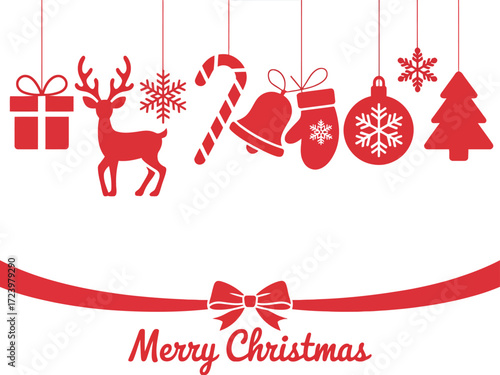 Festive red Christmas decorations hang against a white background with a "Merry Christmas" message