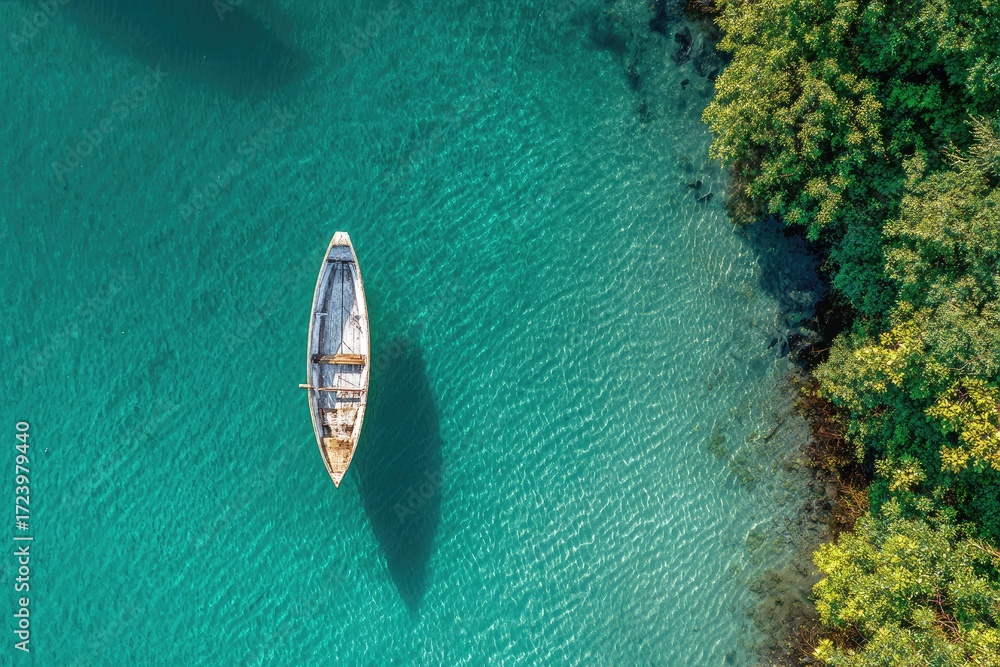 Obraz premium High-angle view of a small boat on turquoise water
