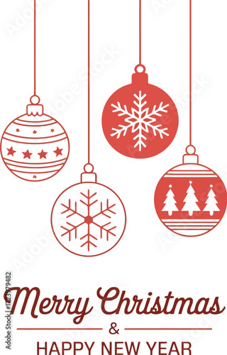 Festive red Christmas ornaments with snowflake and tree designs hang against a white background, wishing Merry Christmas and Happy New Year.