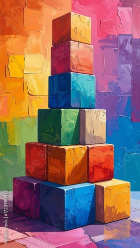 Colorful stacked cubes against a vibrant background
