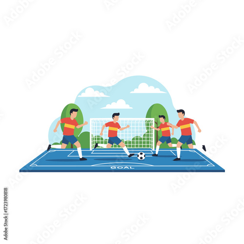 A football-themed illustration featuring a character, suitable for web banners, mobile apps, and hero images, rendered as a flat vector on a white background